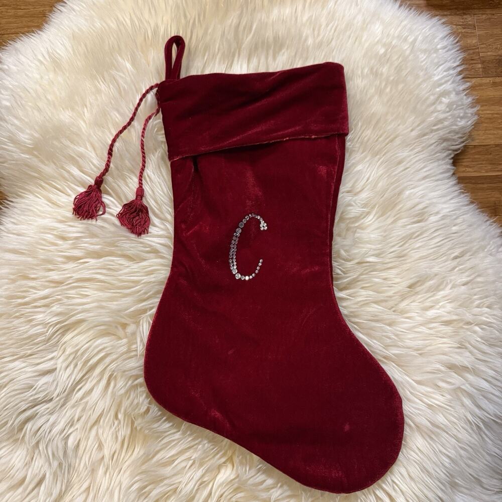 Red Velvet Christmas Stocking Rhinestone Letter C Initial Satin Lining Tassels